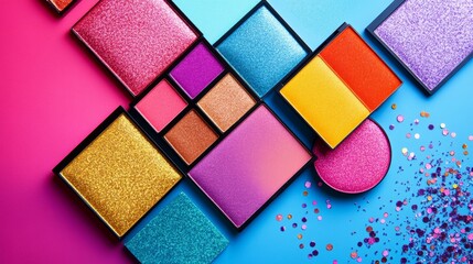 Fototapeta premium Bright and colorful makeup palettes displayed in a flat lay arrangement showcasing shimmer and glitter options