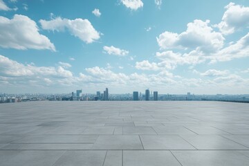 A wide shot of a city skyline with a large, empty concrete space in the foreground.