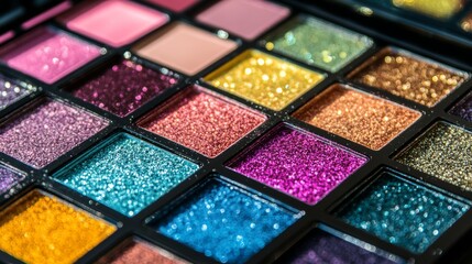 Vibrant and colorful makeup palettes featuring glitter and shimmer options elegantly arranged in a flat lay presentation