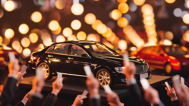 A sleek black car displayed on a raised platform at a car auction, surrounded by a crowd of potential buyers holding auction paddles.  bidding, luxury cars, high-end, nervous, exciting,Auctioneer