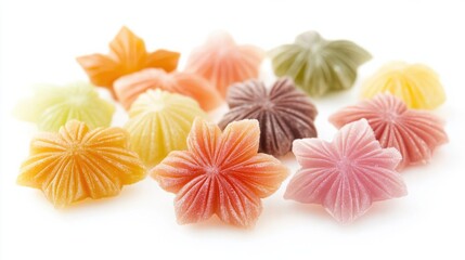 Assorted Japanese wagashi sweets shaped like autumn leaves, pastel-colored and delicate, isolated on white background
