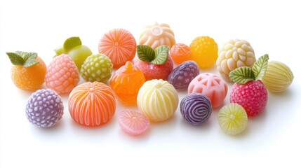 Obraz premium Assorted Japanese wagashi sweets shaped like fruits, pastel colors and intricate details, isolated on white background