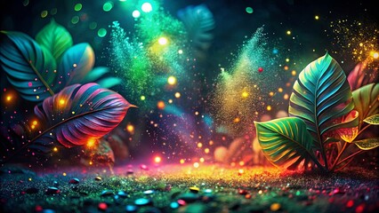 A mystical night scene featuring vibrant foliage bathed in shimmering light and illuminated by dancing particles.