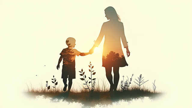 Double exposure of mother and child silhouettes with nature elements symbolizing connection and growth 