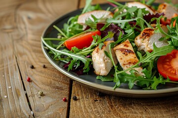 Grilled chicken breast with arugula salad on a wooden background