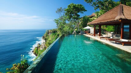 Fototapeta premium A luxury travel experience at a tropical beach resort, with a private villa overlooking the ocean and a spa offering relaxation treatments