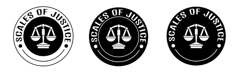 Black and white illustration of scales of justice icon in flat. Stock vector.