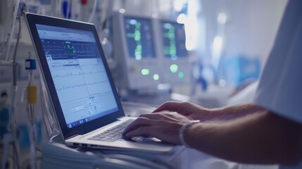 A medical professional using a laptop to access patient records, in a hospital setting with digital healthcare management tools