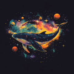 Fototapeta premium Cosmic Whale Swimming Through Stars T-Shirt Illustration