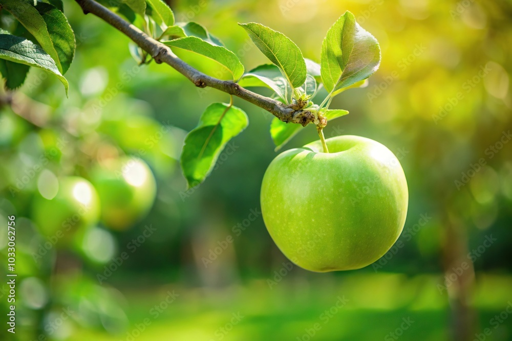 Wall mural green ripe apple on a branch in the garden