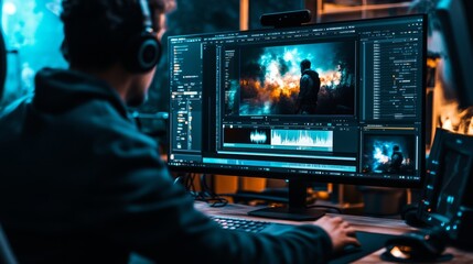 A movie editor applying special effects to video footage, with focus on the software's interface and tools