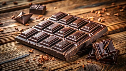 A broken bar of dark chocolate on a wooden table with pieces of cocoa nibs scattered around it.