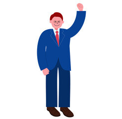 拳を突き上げて決意を固めるスーツを着たメガネの男性の全身のイラスト