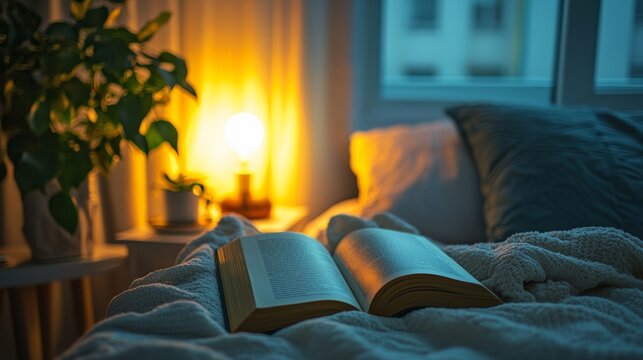 Bedtime Routine scene illuminated by clear lighting, showing a person preparing for bed with a book and dimmed lights