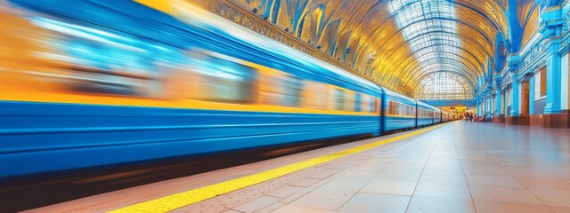 A blue and yellow train speeds through a train station, creating a sense of motion.