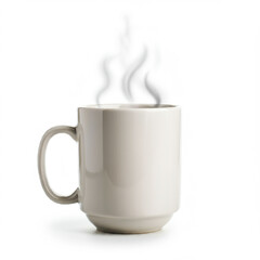 A simple ceramic cup filled with freshly brewed coffee, sitting on a bright white surface