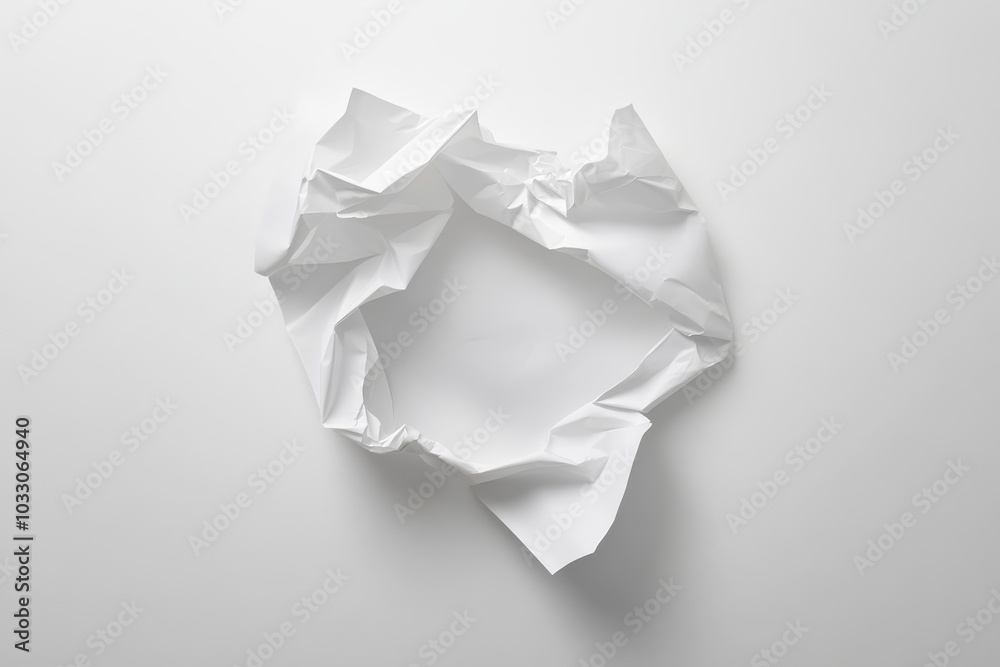 Wall mural A crumpled sheet of white paper forms a circle shape against a white background. Minimalist design with a focus on texture and form.  Abstract, simple, organic, crumpled, circular.