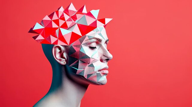 A conceptual visualization of a human head with geometric shapes representing creativity and intellect against a vibrant background.