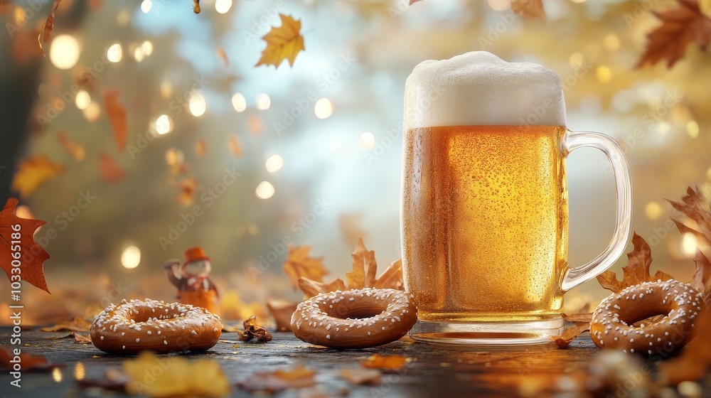 Canvas Prints A festive Oktoberfest scene with a frosty beer mug, pretzels, and falling autumn leaves, symbolizing the season, celebration, and Bavarian tradition.