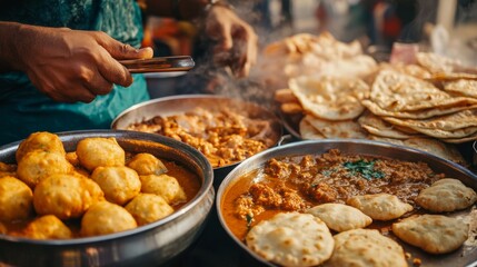 A spicy Indian street food scene, featuring samosas, naan, and spicy curry, captured in the vibrant streets of India