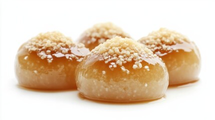 Sweet Japanese warabi mochi topped with sweet syrup and kinako powder, isolated on white background