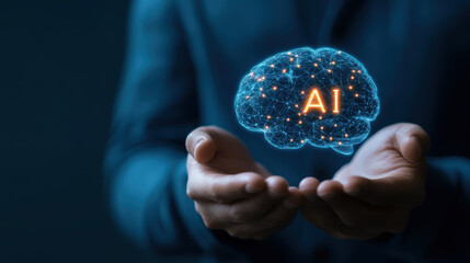 A holographic brain labeled "AI" floats above cupped hands, symbolizing artificial intelligence and technological guardianship.