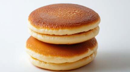 Sweet red bean-filled dorayaki pancakes, stacked on white background, soft and fluffy