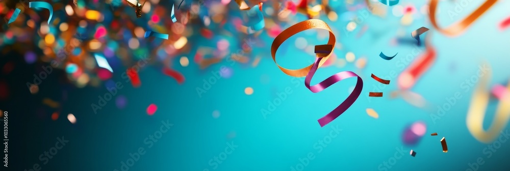 Sticker A joyous celebration captured with colorful confetti and shimmering ribbons falling against a vibrant blue background, symbolizing happiness, excitement, festivity, success, and celebration.