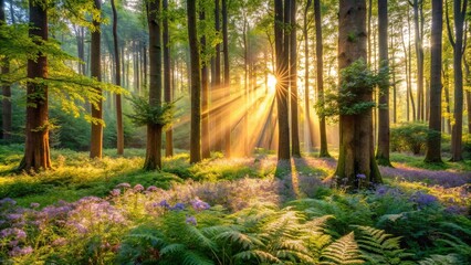 Obraz premium Golden Rays Illuminating a Tranquil Forest Floor, Where Lush Ferns Intertwine with Delicate Purple Blooms