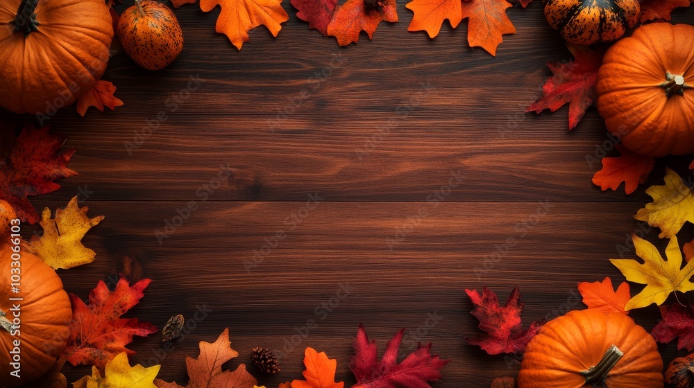 Canvas Prints A rustic wooden background adorned with vibrant autumn leaves, pumpkins, and gourds, perfect for Thanksgiving banners, invitations, and social media posts.