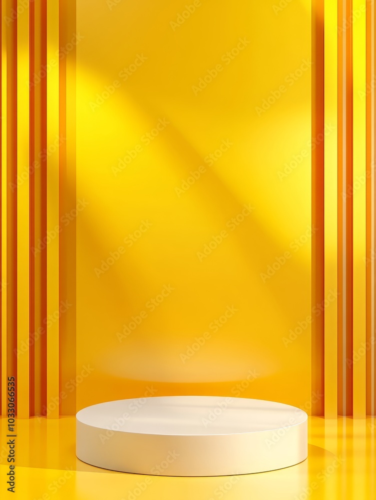 Sticker A simple yet elegant product display podium featuring a white circular platform against a bright yellow backdrop. The scene is minimalist and modern, ideal for showcasing products in a clean and styli