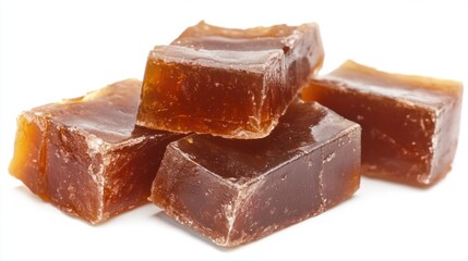 Traditional Japanese yokan (sweet bean jelly) sliced into neat pieces, isolated on white background