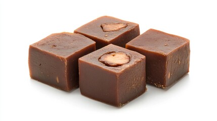 Traditional Japanese yokan with chestnut pieces, sliced into neat blocks, isolated on white background