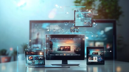 A streaming service advertisement showing seamless integration across devices, with video content displayed on phone, tablet, and TV