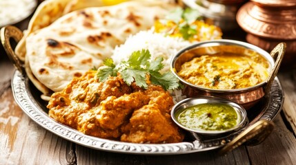 A traditional Indian meal featuring a variety of curries, naan, and rice, presented on a silver platter with authentic Indian decor