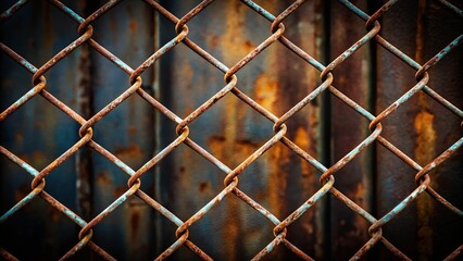 Fototapeta premium A weathered chain link fence with rust and patina, revealing a blurred background of rusted metal
