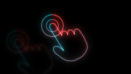 Hand touch - click. Glowing neon icon on the black background.