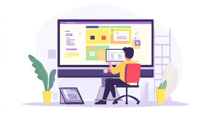Fototapeta premium A UX/UI designer working on the latest website layout trends, with a colorful and modern interface displayed on a large monitor