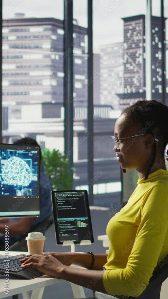 Poster vertical video software engineer conducts code review to fix bugs, identifying technical issues with
