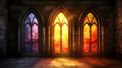 Fototapeta premium Three Gothic Arched Windows with Colorful Stained Glass.