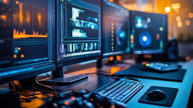 A video editor's workspace with multiple screens displaying a video timeline and editing software, sleek and modern