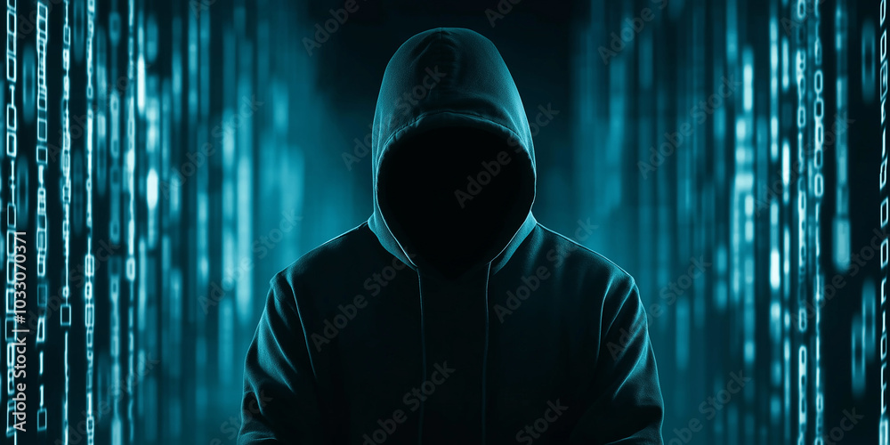 Poster Hacker wearing a hoodie and standing in front of binary code