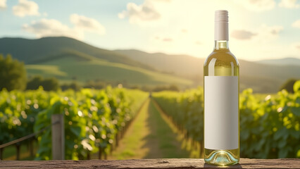 White wine bottle mockup in a vineyard landscape with lush grapevines and rolling hills
