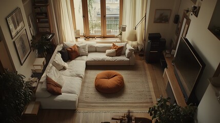 Aerial view of a minimalist living room with neutral decor, soft textiles, and a cozy, inviting atmosphere.