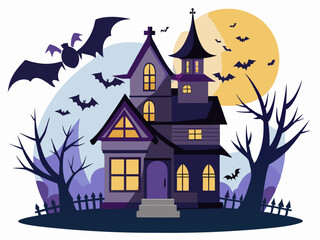 Halloween house moon and bats silhouette vector illustration on white background 