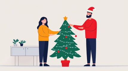 A cozy holiday scene featuring a couple decorating a Christmas tree together, exuding joy and festive spirit.