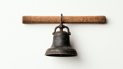 Rustic school bell on a wooden handle, midring, white background
