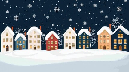 A quaint winter scene featuring colorful houses blanketed in snow under a starry night sky.