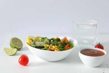 Fried tofu salad with vegetables and sauce