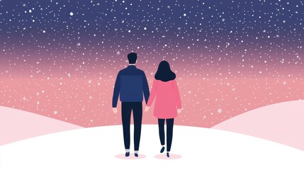 Obraz premium A couple walks hand in hand under a starry sky, surrounded by a snowy landscape, evoking a sense of love and tranquility.